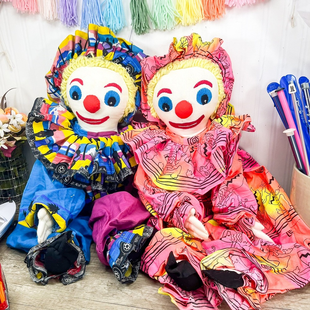 Vintage Handmade Clown Dolls Pair Ruffle Collar Colorful Plush Folk Art